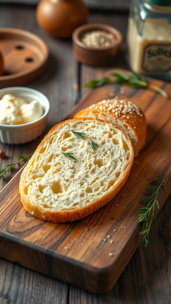Quick Low Carb Keto Cottage Cheese Bread A slice of low carb cottage cheese bread on a cutting board with butter and herbs.